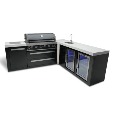 Mont Alpi 805 Island Grill with A 90-Degree Corner Beverage Center and Fridge Cabinet in black stainless steel - MAi805-BSS90BEVFC
